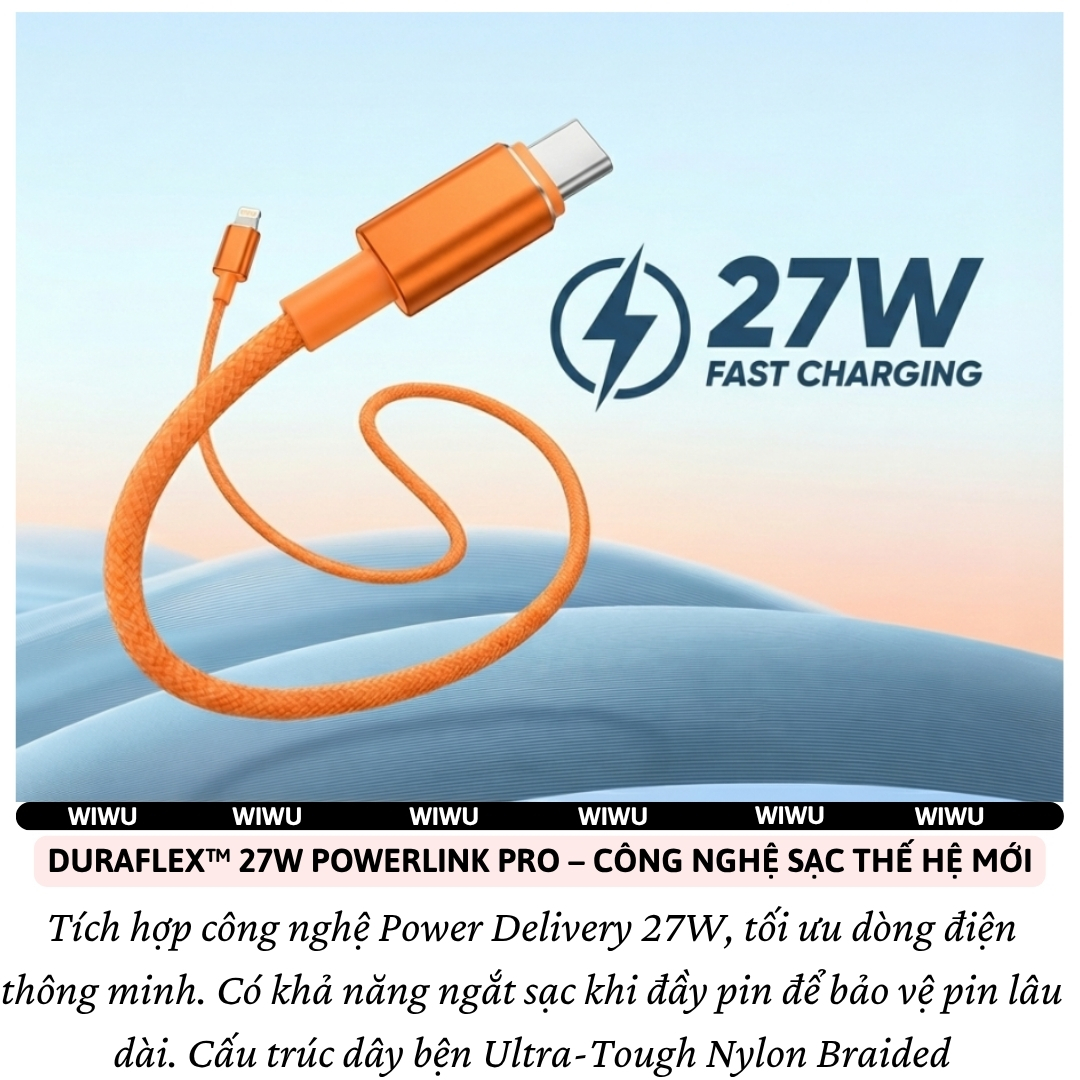 Dây cáp sạc nhanh PD 27W USB-C to Lightning công nghệ SmartChip AI DURAFLEX PowerLink Pro dài 150cm WIWU ESSEN cho iPhone/ iPad 7 8 11 12 13 14 Pro X Xs Max - Sạc nhiệt độ thấp, Chip thông minh, Dây bện siêu bền, Chống rối + dây buộc gọn - Hàng nhập khẩu