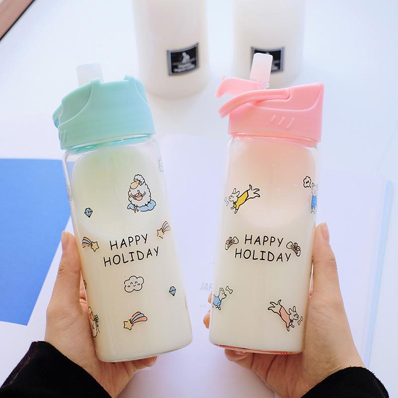 350 Ml Dễ Thương Bình Nước Thủy Tinh Đựng Dành Cho Trẻ Em Kids Sữa Có Ống Hút Và Lật Nắp Cô Gái Rò Rỉ Chống Du Lịch uống Không Chứa BPA Cup