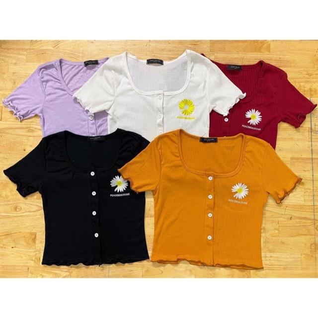 Áo thun tay ngắn cổ tròn có hàng nút phía trước crop top cực xinh 40k