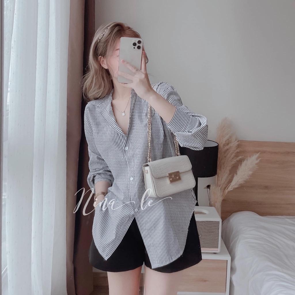 Sét bộ đồ nữ áo sơ mi dài tay kẻ sọc đa dạng màu sắc phối quần đùi xinh xắn.