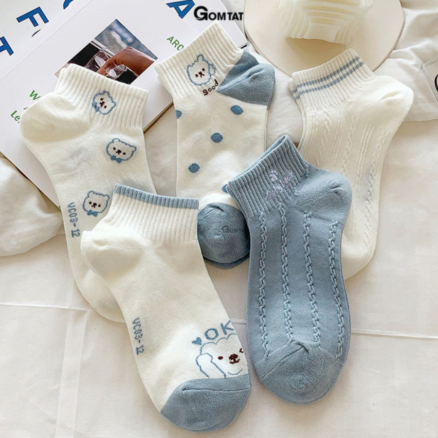 Set 5 đôi vớ nữ cổ ngắn họa tiết đơn giản siêu dễ thương, tất nữ cổ thấp chất liệu cotton mềm mỏng thoáng mát - CB089