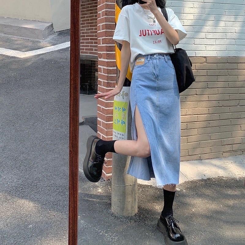 HOT HIT CHÂN VÁY JEANS DÀI XẺ HÔNG - ảnh thật trải sàn