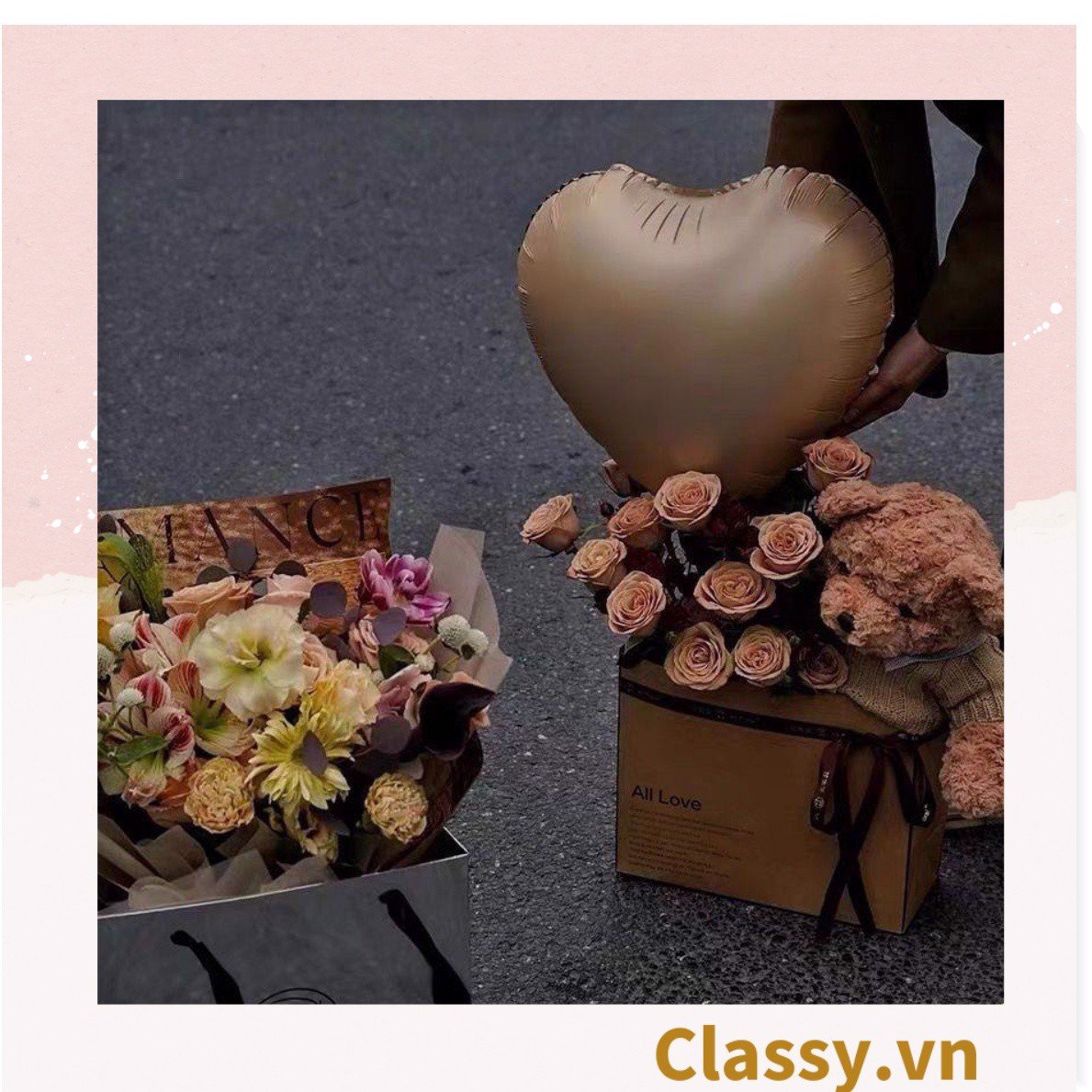Túi giấy quai xách 30 X 25 X 13 cm đựng hoa trang trí in chữ Flower Art màu Nâu kraft vintage Q1727