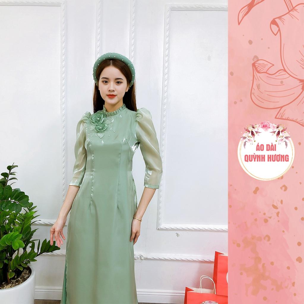 Áo dài voan tơ tay bồng lỡ cổ xếp đính hoa 3D màu xanh mint