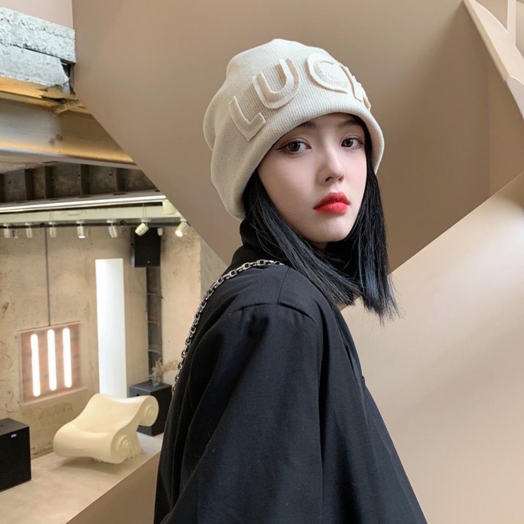 Mũ len nữ thời trang , nón len beanie thêu chữ LUCK hàng loại 1