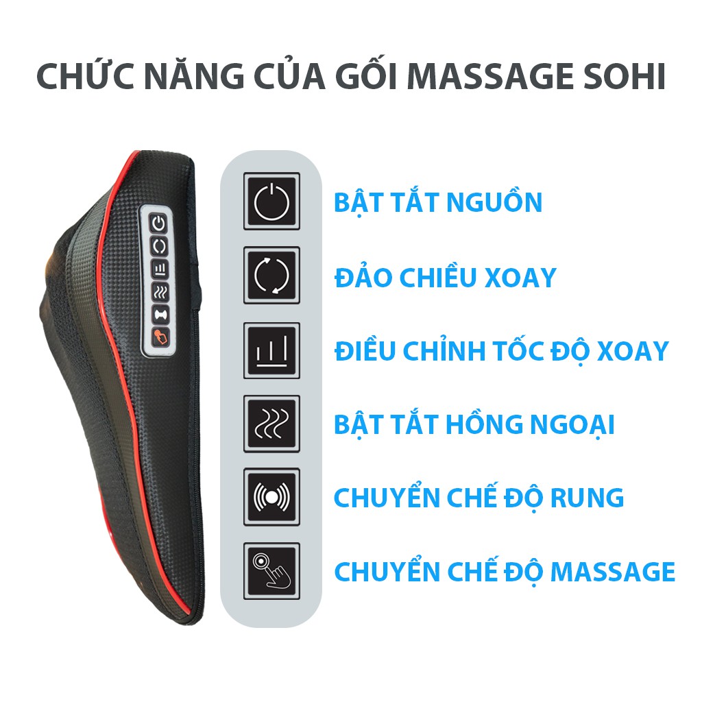 Gối massage hồng ngoại cổ vai gáy Sohi YQ-6 gối massage 16 bi kết hợp 2 điểm rung và 2 điểm massage từ tính