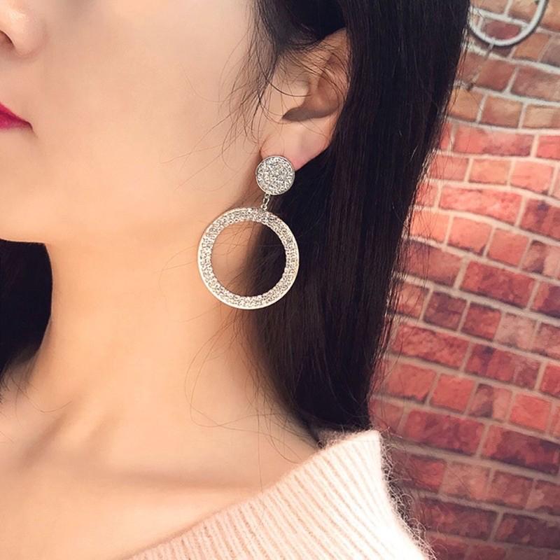 Bông tai mặt tròn đính đá bản to, khuyên tai dự tiệc