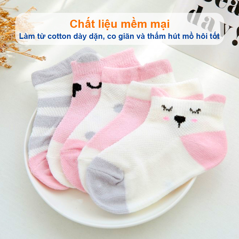 Tất cho bé gái và bé trai hình thú Baby-S, Set 5 đôi tất lưới cho bé 0-2 tuổi chất cotton co giãn – ST002