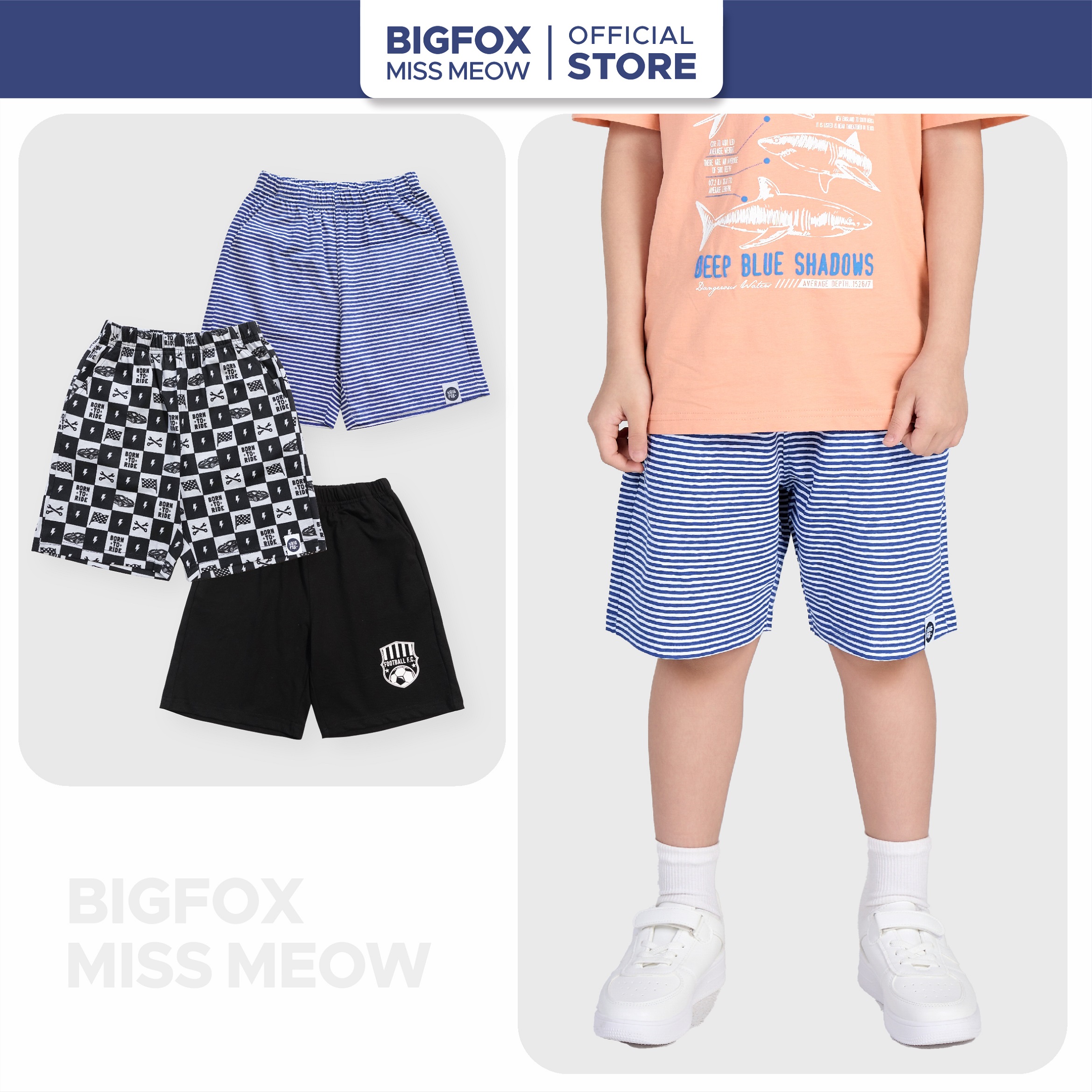 Quần short cho bé trai Bigfox Miss Meow mặc mùa hè size đại vải cotton mềm họa tiết cá tính cỡ trẻ em 3-11 tuổi