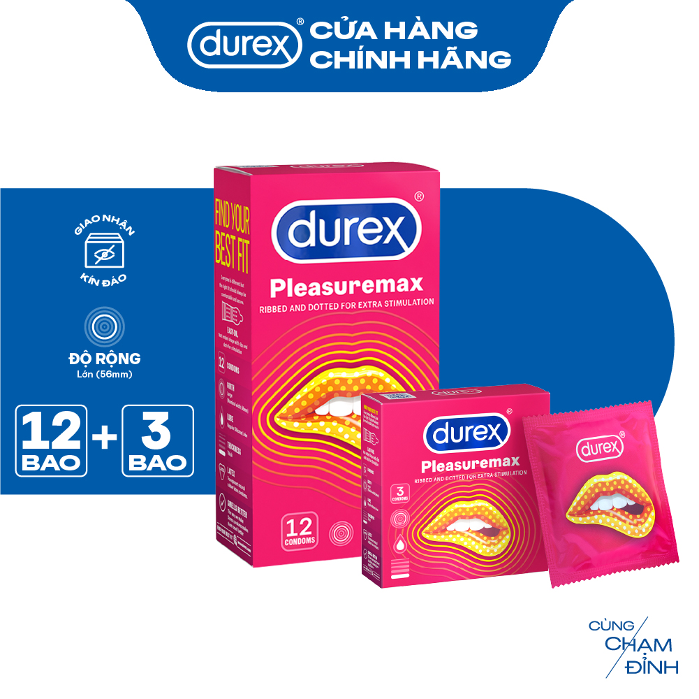 Bộ bao cao su Durex Pleasuremax gân gai, size 56mm, 1 hộp 12 bao và 1 hộp 3 bao
