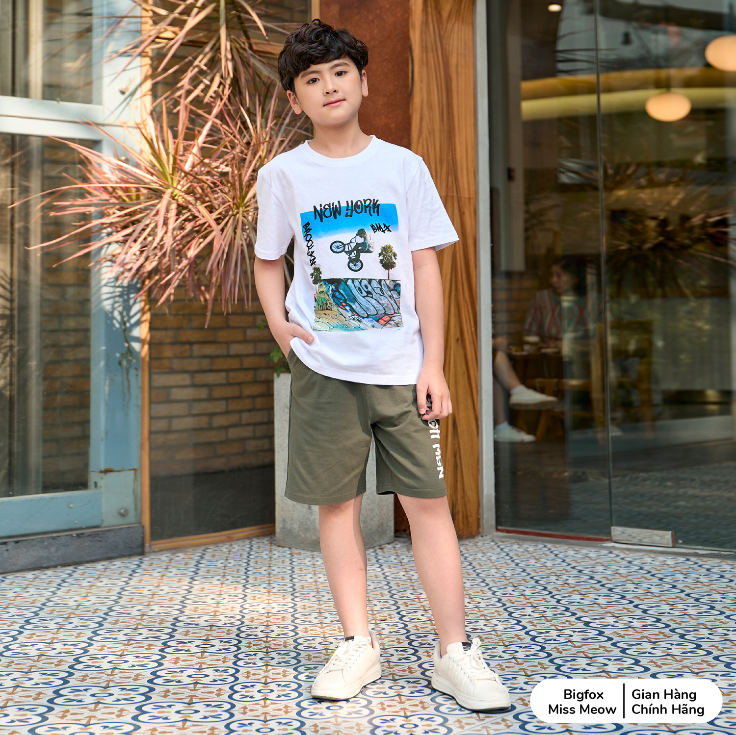 Đồ bộ cộc tay bé trai size đại Bigfox Miss Meow mùa hè vải cotton kiểu dáng Hàn Quốc in xe đạp cỡ 12-15 tuổi 40kg 50kg