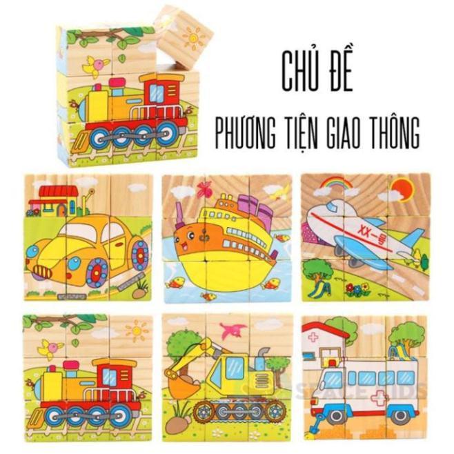 Đồ chơi Tranh ghép hình gỗ cho bé, tranh ghép hình 6 mặt 9 miếng nhiều chủ đề