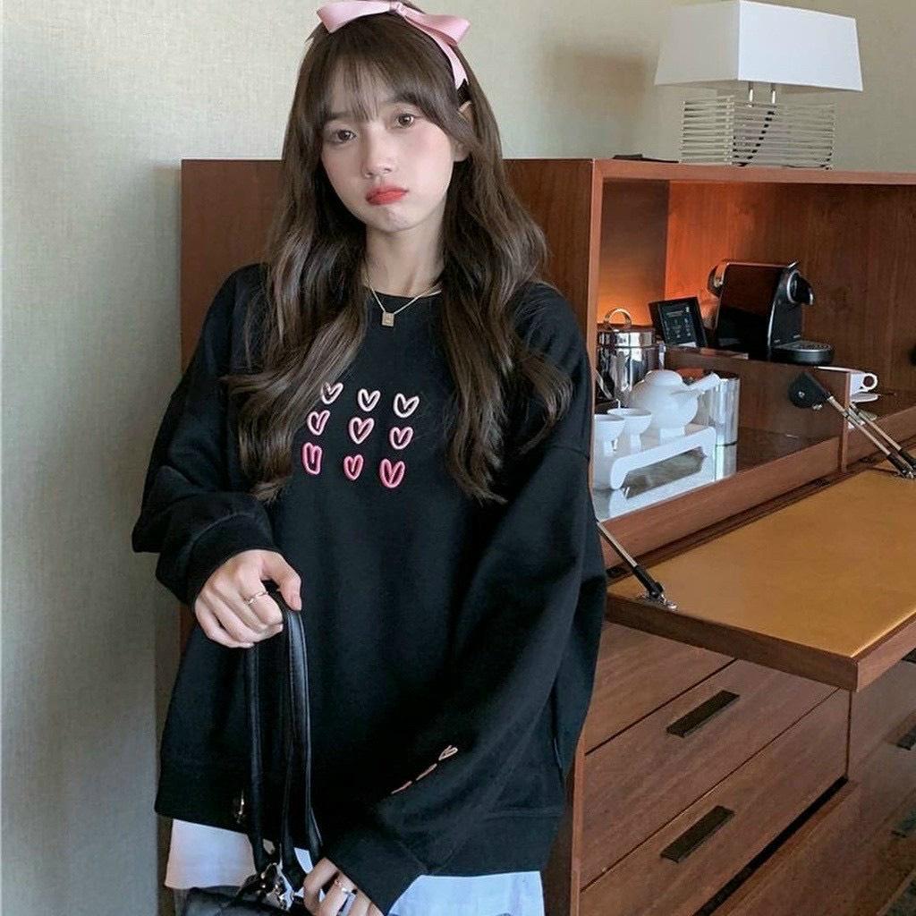 Áo Khoác Hoodie Nữ Logo Thêu Trái Tim Vải Nỉ Tay Phồng Thêu 9 Hình Lá Phối Nón 2 Lớp Phong Cách Ulzzang