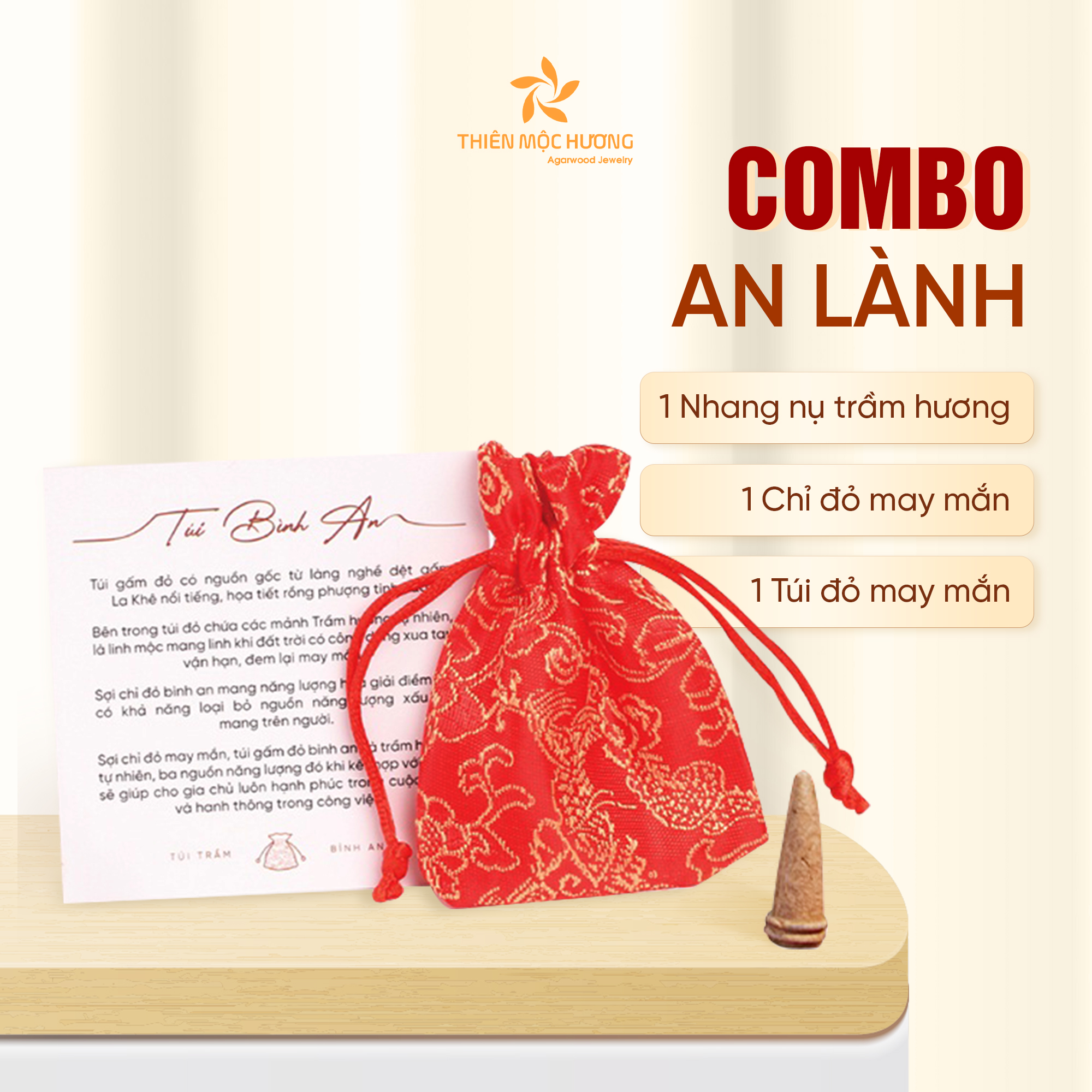 Combo An Lành : Túi trầm Bình An, vòng tay chỉ đỏ cầu may và trầm hương tự nhiên - Thiên Mộc Hương