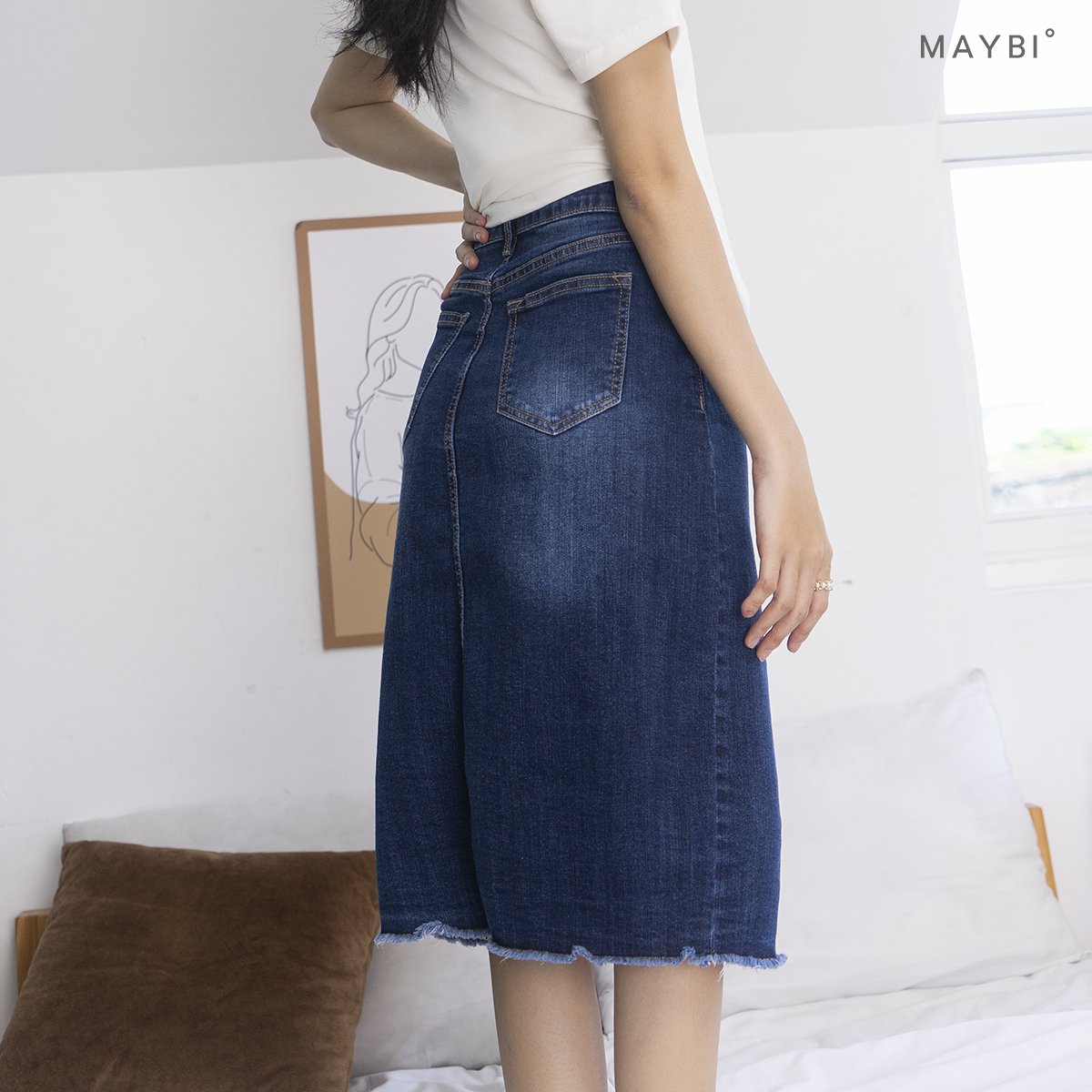 MAYBI - Chân váy jean dài xanh đậm