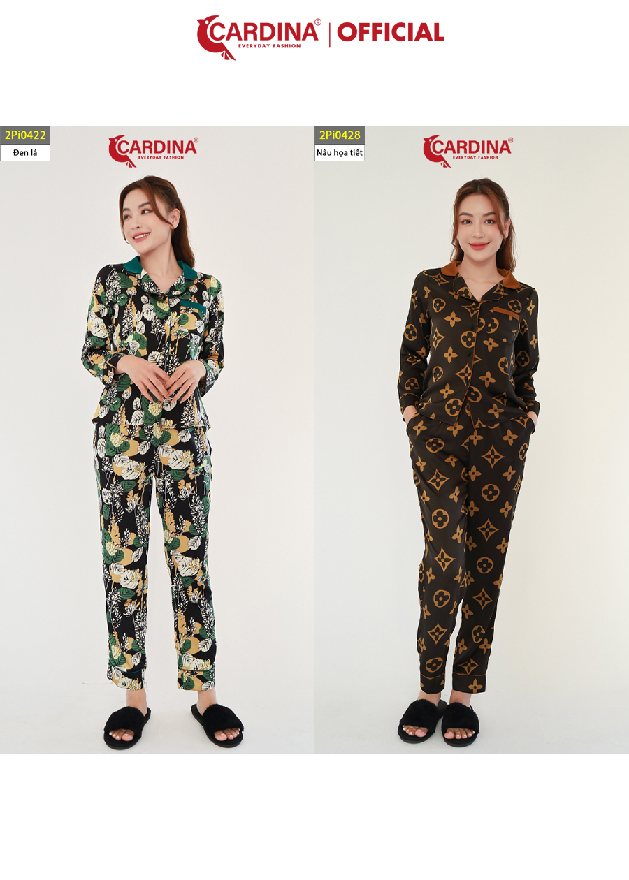 Đồ Bộ Pijama Nữ CARDINA Chất Lụa Satin Nhật Cao Cấp Quần Dài Tay Lỡ Hoạ Tiết 2Pi04