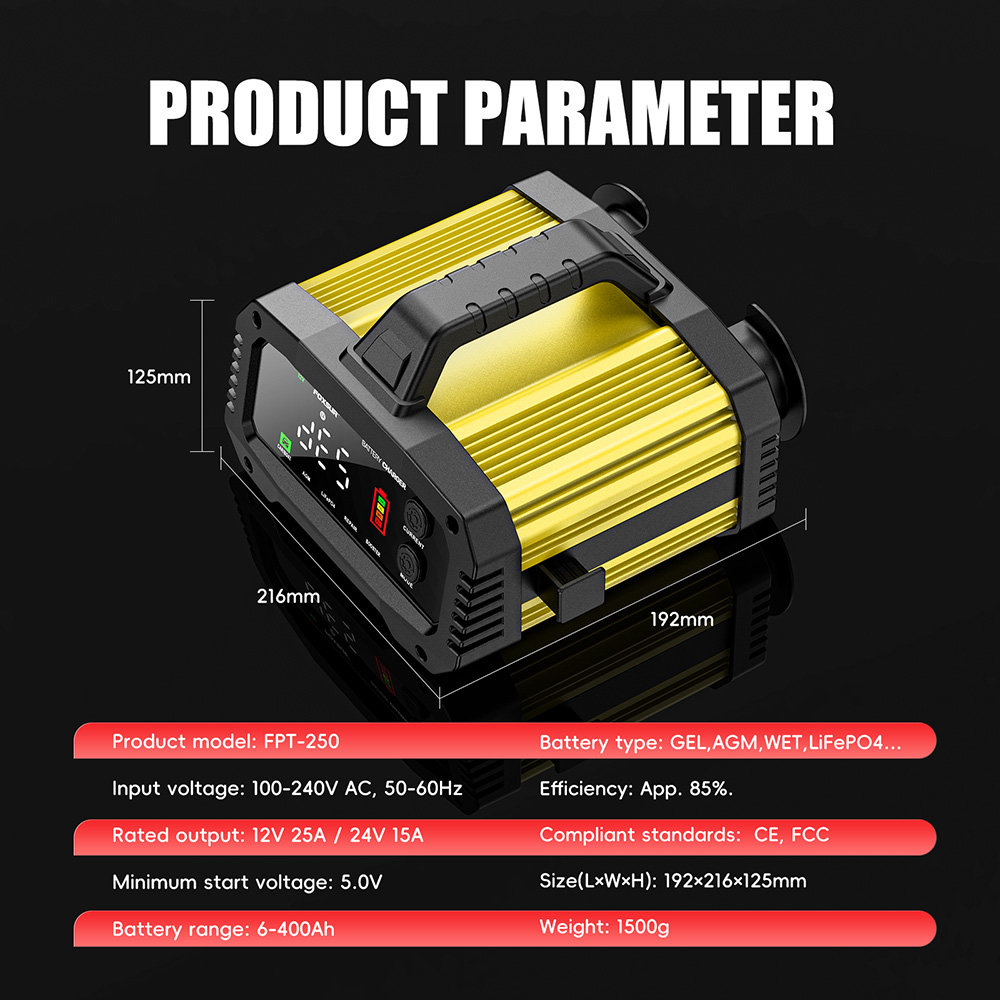 Bộ sạc ắc quy công suất lớn FOXSUR FPT-250 25A 12V 24V sạc ô tô tàu thuyền xe điện Booster Mode