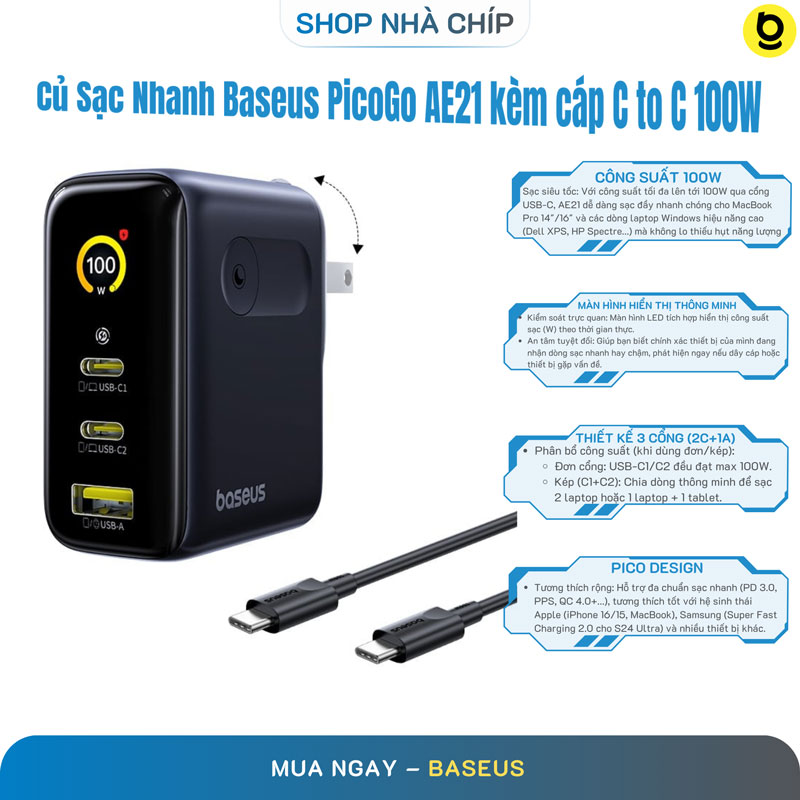 Bộ sạc nhanh Baseus PicoGo AE21 Digital Display Fast Charger 2C+U 100W US Cosmic  Kèm cáp Type-C to Type-C 100W 20V/5A 1.5m - Hàng Chính Hãng