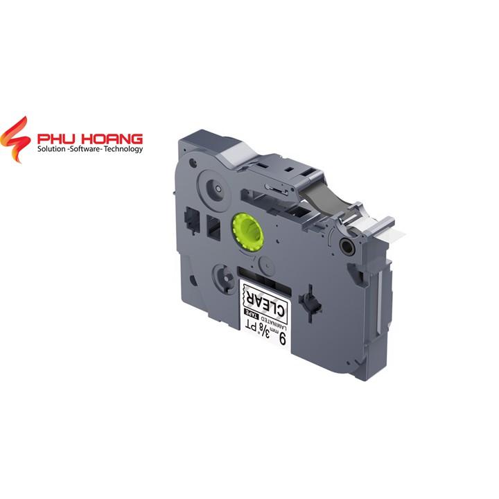 Nhãn in TZ2-121, khổ rộng 9mm, chữ đen nền trong suốt , nhãn đa lớp, bám dính cao.