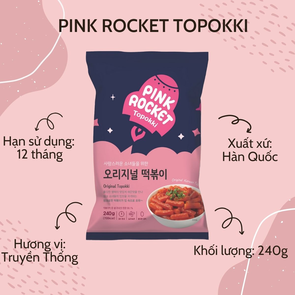 Bánh gạo Topokki Hàn Quốc vị Truyền Thống Pink Rocket Túi 240g/túi