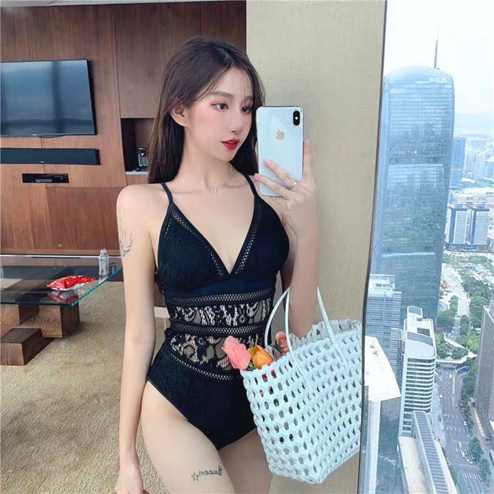 Bộ bơi đi biển liền thân tôn dáng bikini một mảnh kiểu bodysuit màu đen phối ren siêu hot