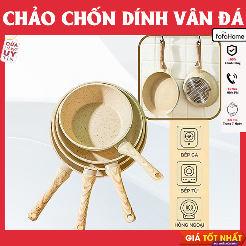 Chảo Chống Dính Bếp Từ Vân Đá Kiểu Nhật Không Nắp Size 20cm/22cm/24cm/26cm/30cm Cán Gỗ, Chảo Đáy Từ Ceramic Màu Trắng Kem Sang Trọng, Cao Cấp Dùng Cho Mọi Loại Bếp