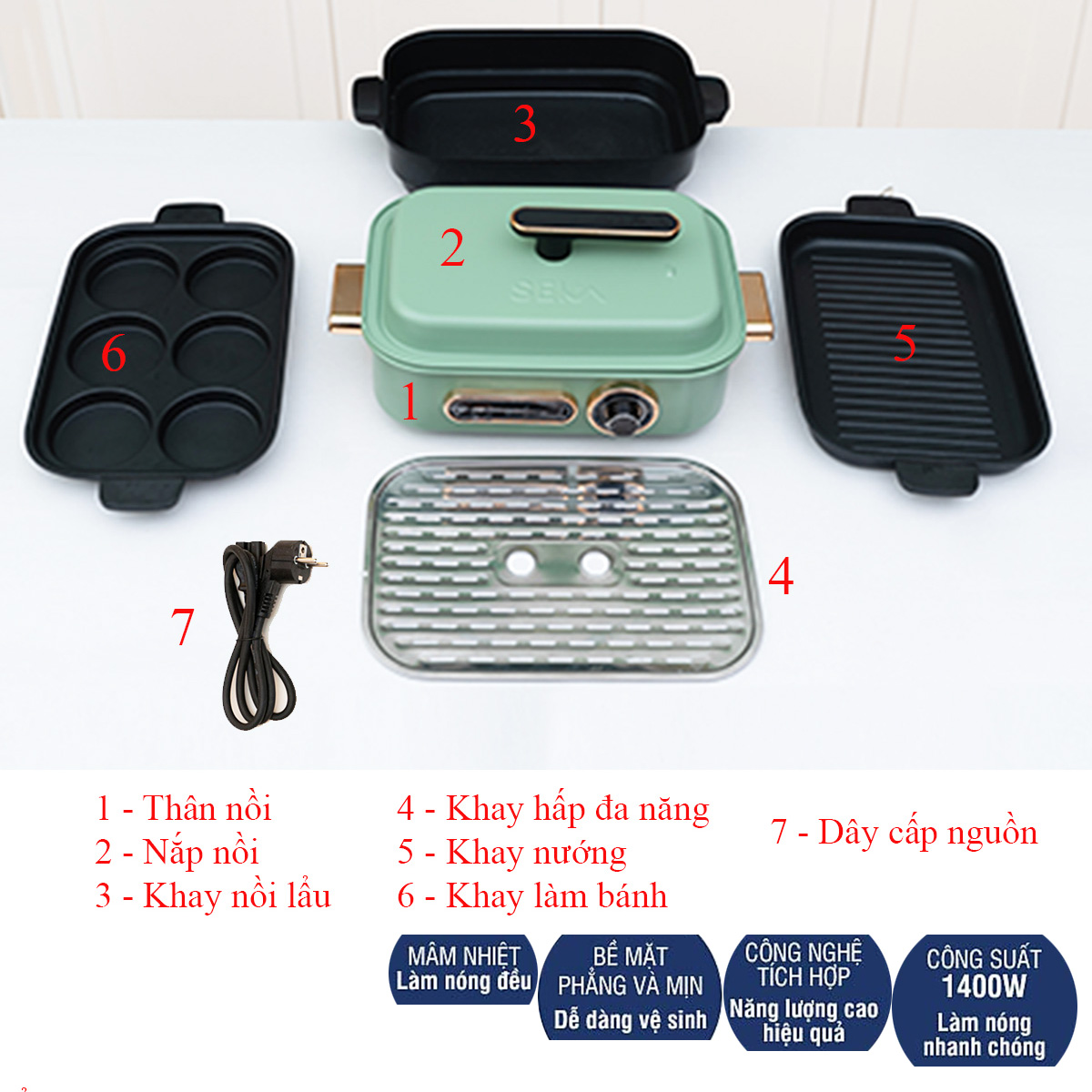 Nồi Lẩu Điện Đa Năng SEKA 1400W - Kết Hợp 4 Trong 1 - Kiểm Xoát Nhiệt Độ An Toàn, Làm Nóng Nhanh, Gia Nhiệt Đều, Lớp Phủ Chống Dính Ceramic Cao Cấp - HÀNG CHÍNH HÃNG.