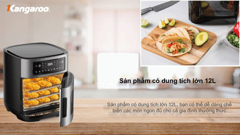 Lò chiên không dầu 12L Kangaroo KG12AF1A - Rapid Air - 1800W - Hàng chính hãng, Bảo hành 12 tháng