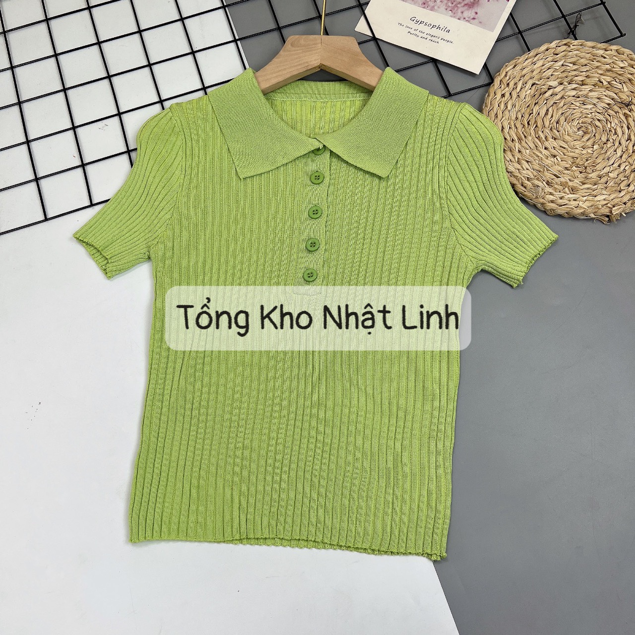 Áo croptop dệt kim tay ngắn cổ polo thời trang