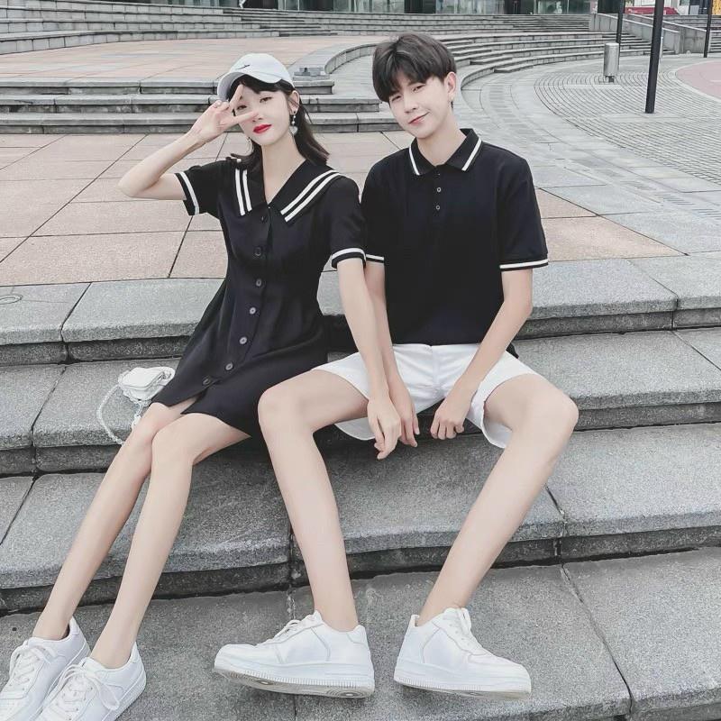 Váy áo đôi thủy thủ nam nữ, Set váy thun đôi polo cao cấp
