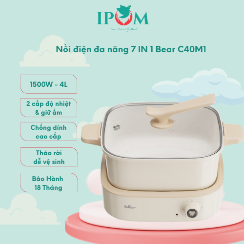 Nồi Lẩu Điện Đa Năng Bear 7 trong 1 Chống Dính Cao Cấp, Nấu Lẩu Thịt Nướng Tiết Kiệm Điện DHG-C40M1 - Hàng Chính Hãng Bảo hành 18 Tháng