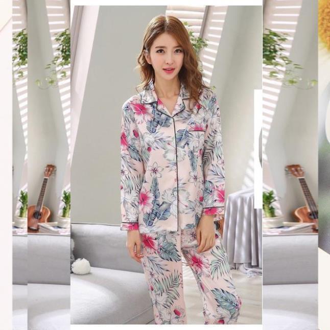 Bộ đồ ngủ pijama nữ lụa cotton thời trang – Pijama lụa hoạ tiết hoa lá siêu đẹp B55