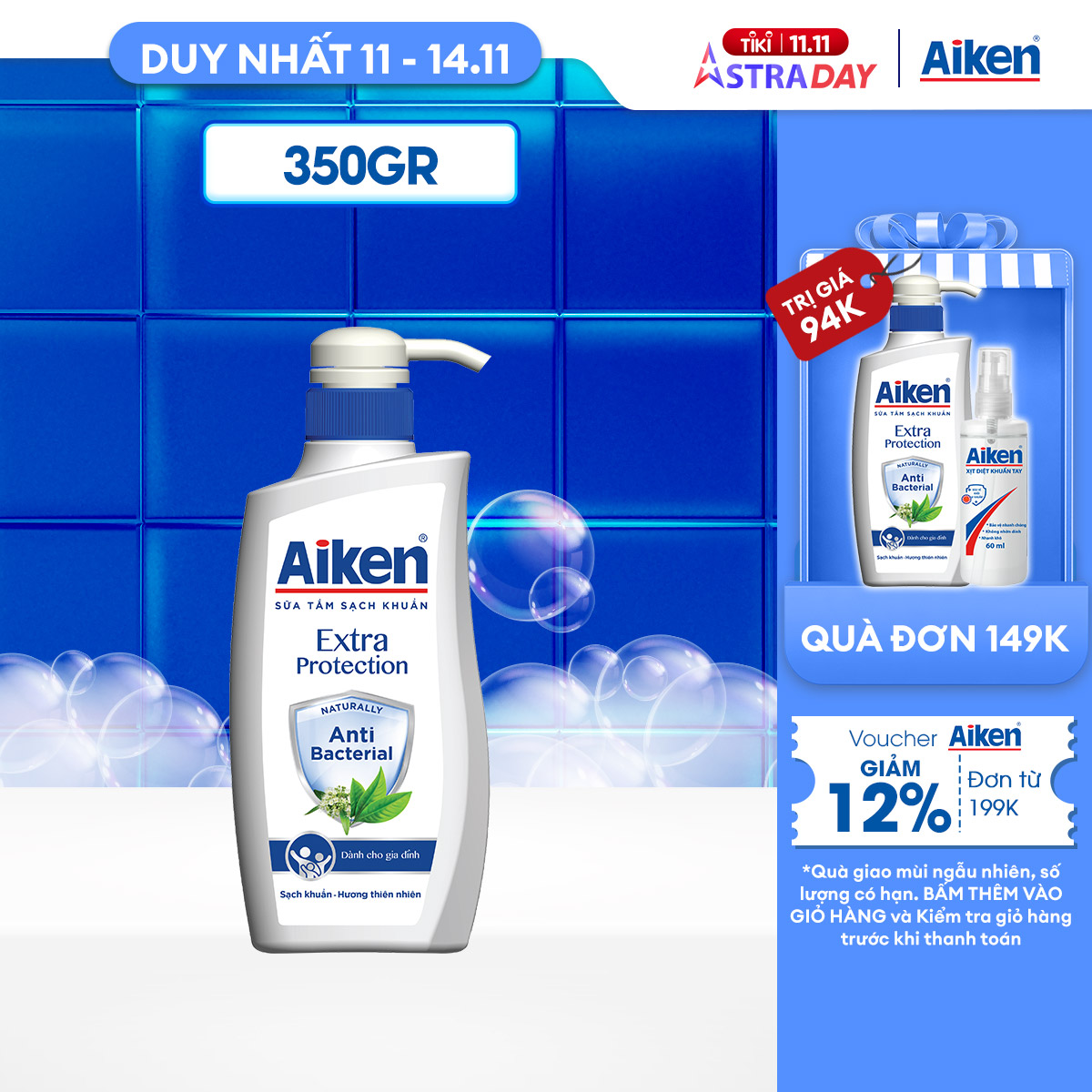 Aiken Sữa Tắm Sạch Khuẩn Chiết Xuất Trà Xanh Thiên Nhiên 350g