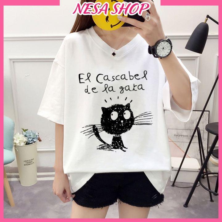Áo thun nam nữ form rộng, Áo phông tay lỡ, chất liệu thun cotton co giãn, áo unisex in hình Mèo NeSa Shop