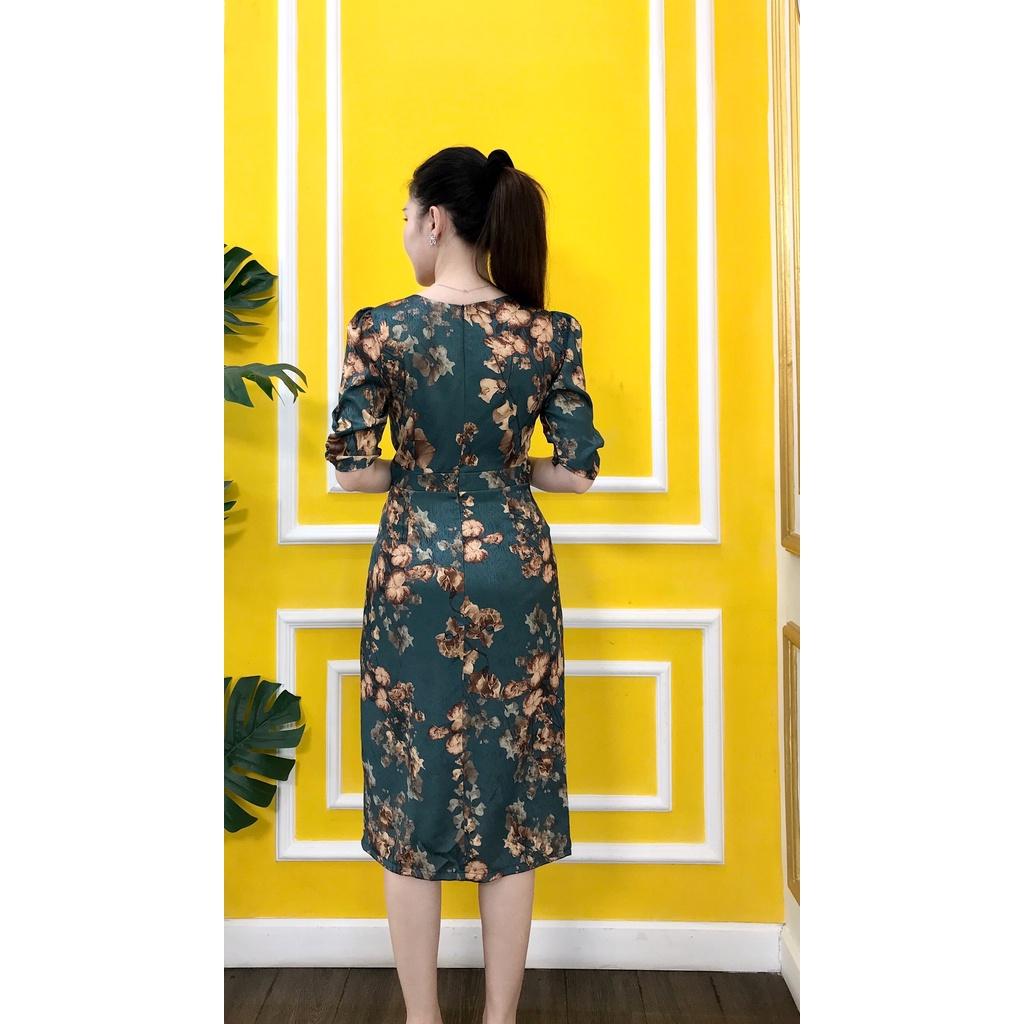 Váy EMY EM6437 Nữ Body Xanh Hoa Cổ Tròn Tà Đắp Chéo Không Túi