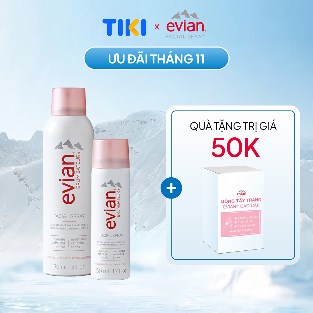 Combo 2 xịt khoáng cấp ẩm và làm dịu da Evian 150ml + 50ml