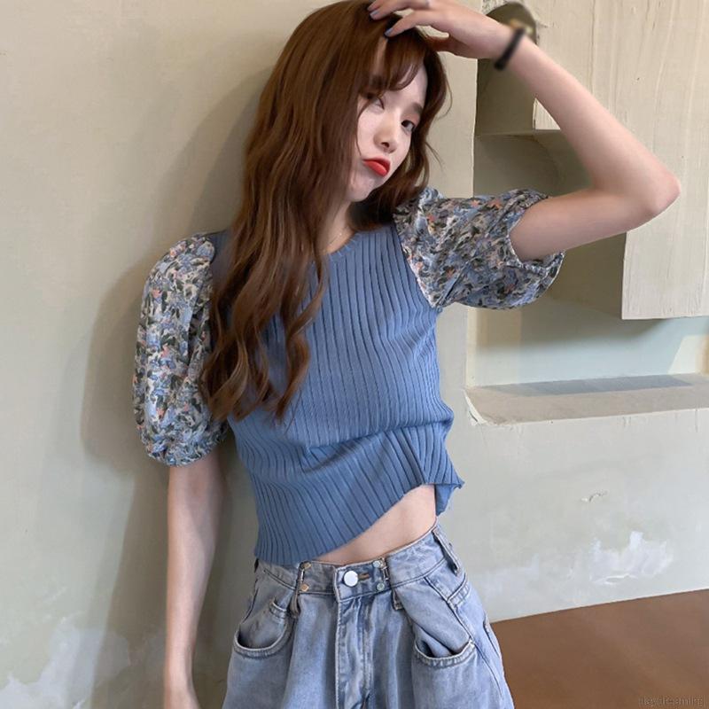 Áo Thun Dệt Kim Tay Ngắn Cổ Tròn Hoạ Tiết Hoa Cho Phái Nữ