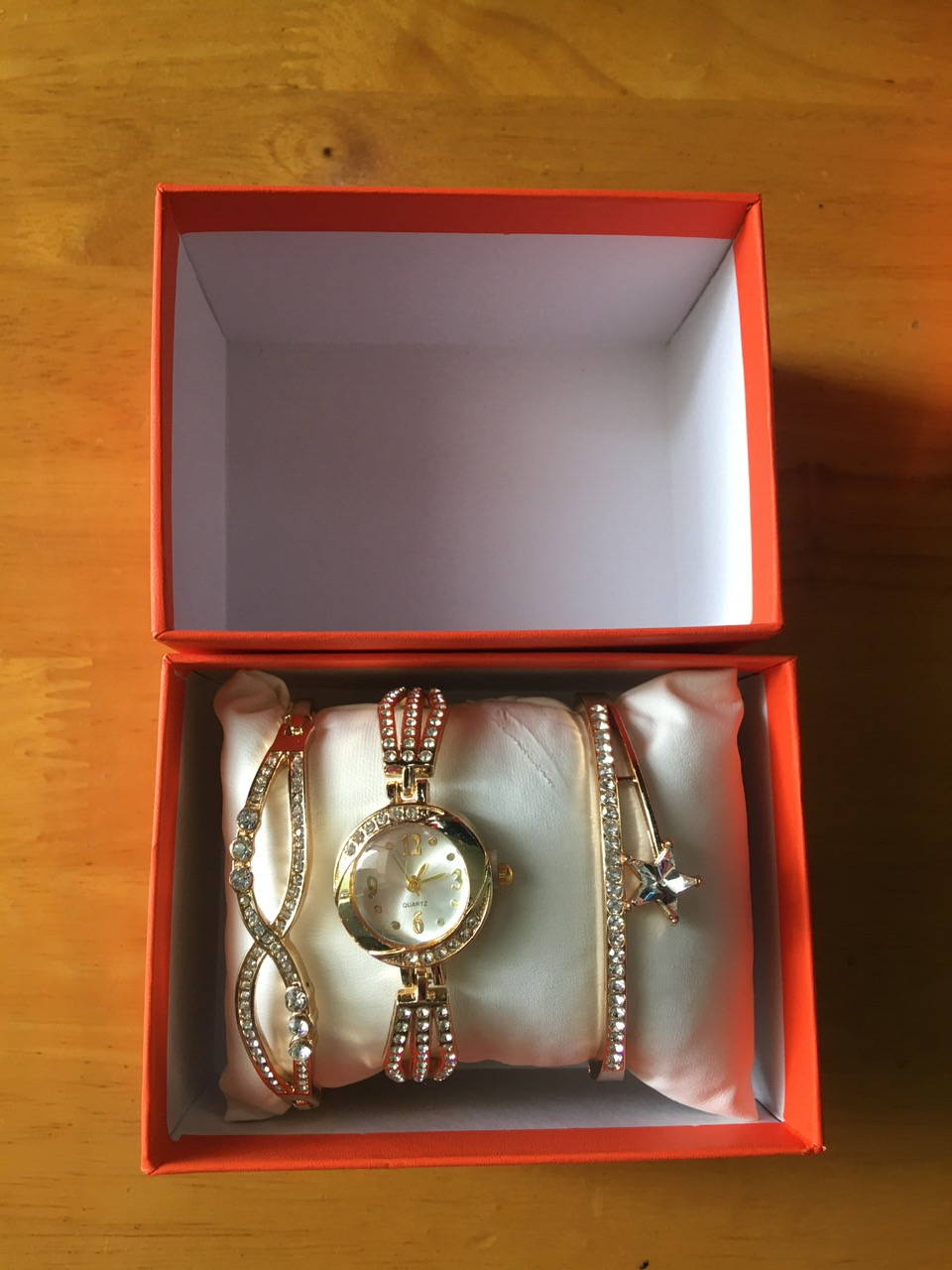 Set đồng hồ 3 món , mặt tròn màu trơn trang trí kim cương nhân tạo , phong cách thanh lịch thời trang cho nữ