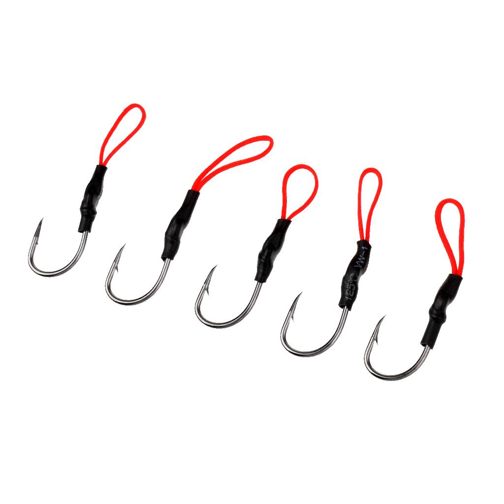 5 Pieces/Pack Fishing Assist Hooks - Barbed Jigging Assist Hooks Stainless Steel Assist Fishing Hooks Fishhooks with Red PE Line