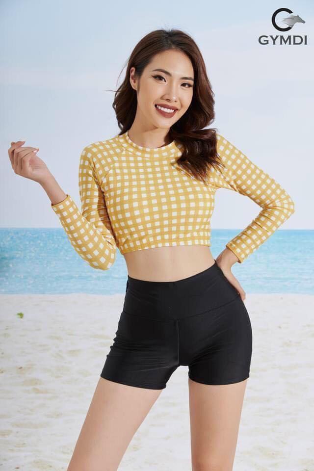 Đồ bơi nữ Bikini 2 mảnh croptop họa tiết kẻ sọc tay dài quần đùi thun lạnh co dãn 4 chiều DBN004