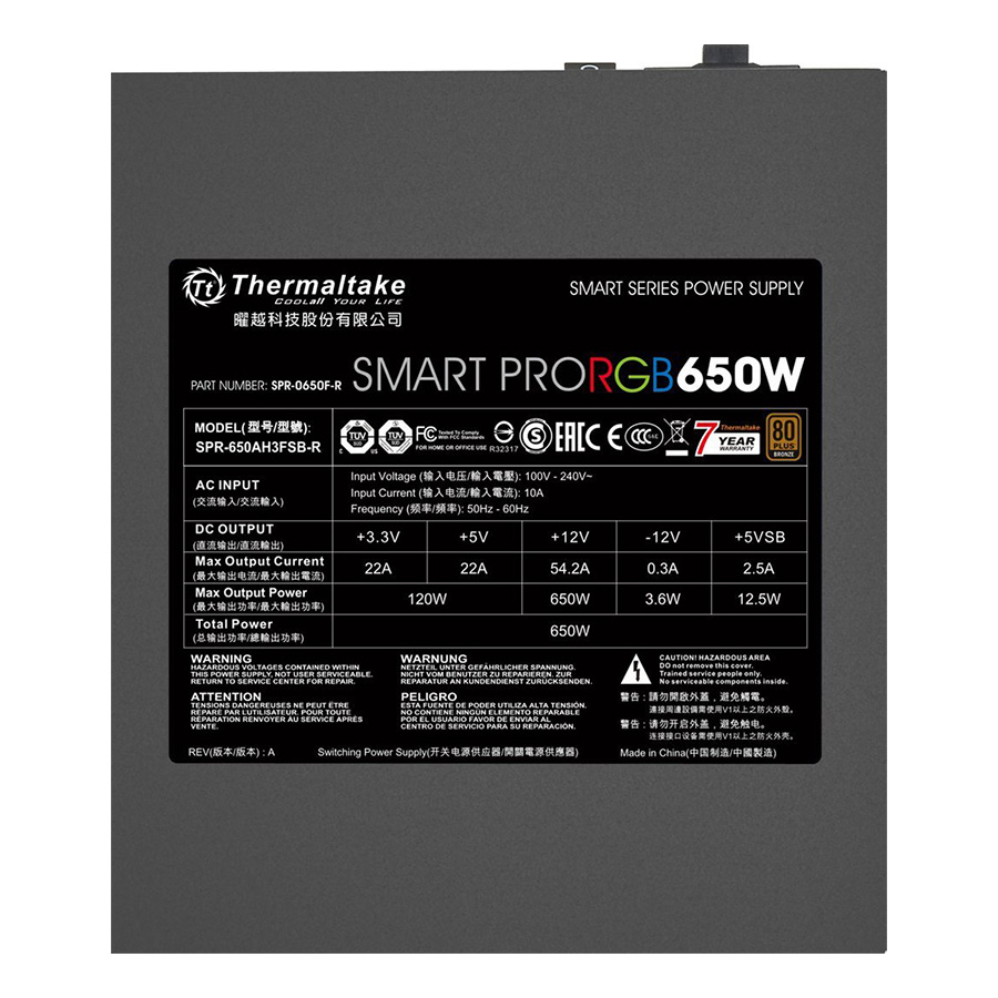 Nguồn Máy Tính PSU Thermaltake Smart Pro RGB 650W Bronze PS-SPR-0650FPCBEU-R 120mm - Hàng Chính Hãng