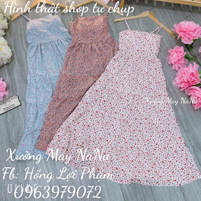 Đầm hoa nhí 2 dây có mút ngực nhún tầng