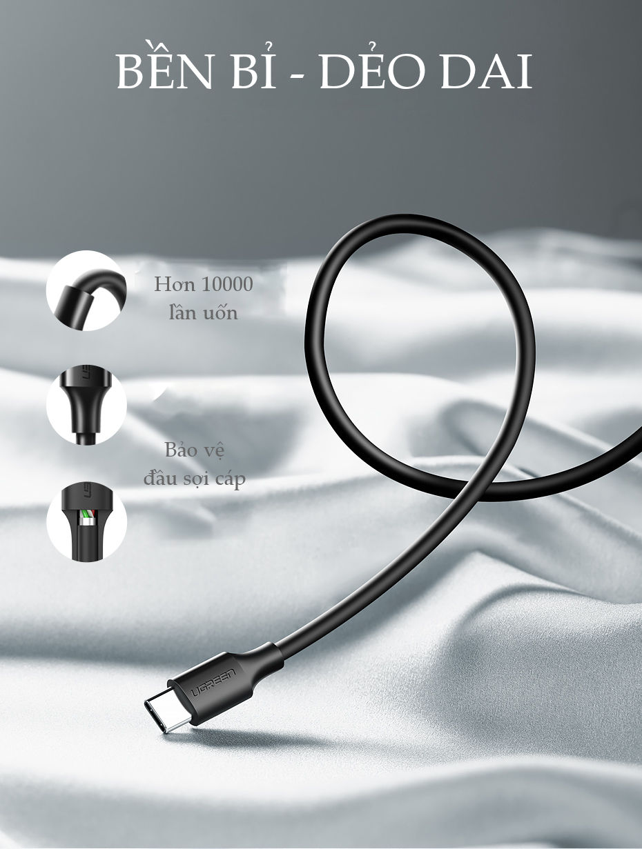 Cáp sạc nhanh Type-C - Hãng sản xuất UGREEN US287 - dòng tối đa 3A, độ dài 3m, siêu bền - Hàng nhập khẩu chính hãng