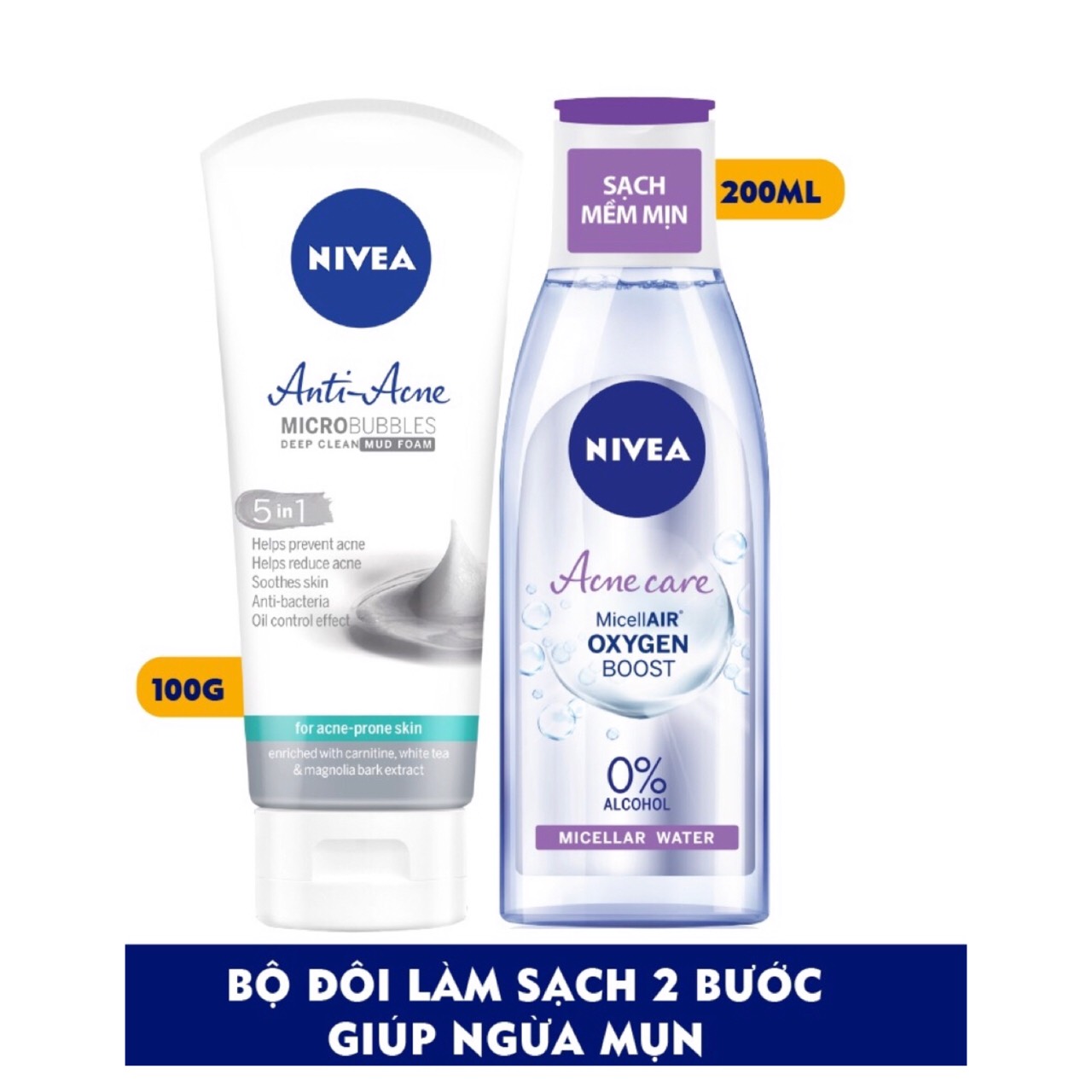 Bộ Đôi Làm Sạch NIVEA Anti Acne Ngừa Mụn (Sửa Rửa Mặt 100G + Nước Tẩy Trang Không Cồn 200ml )