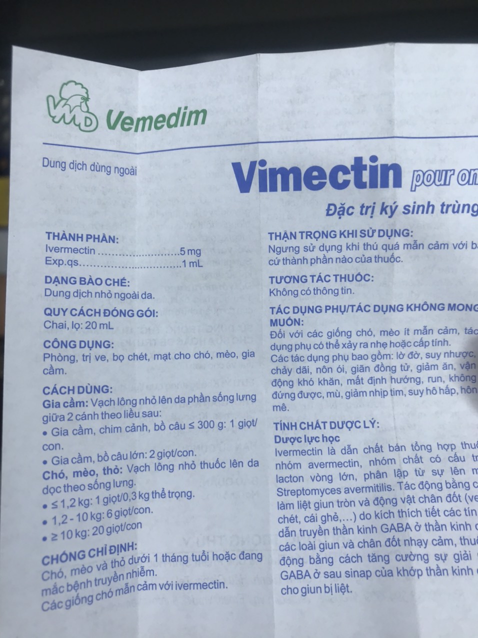 Vimectin Pour On 20ml - Ve Bọ Chét Chó Mèo Mạt Gà