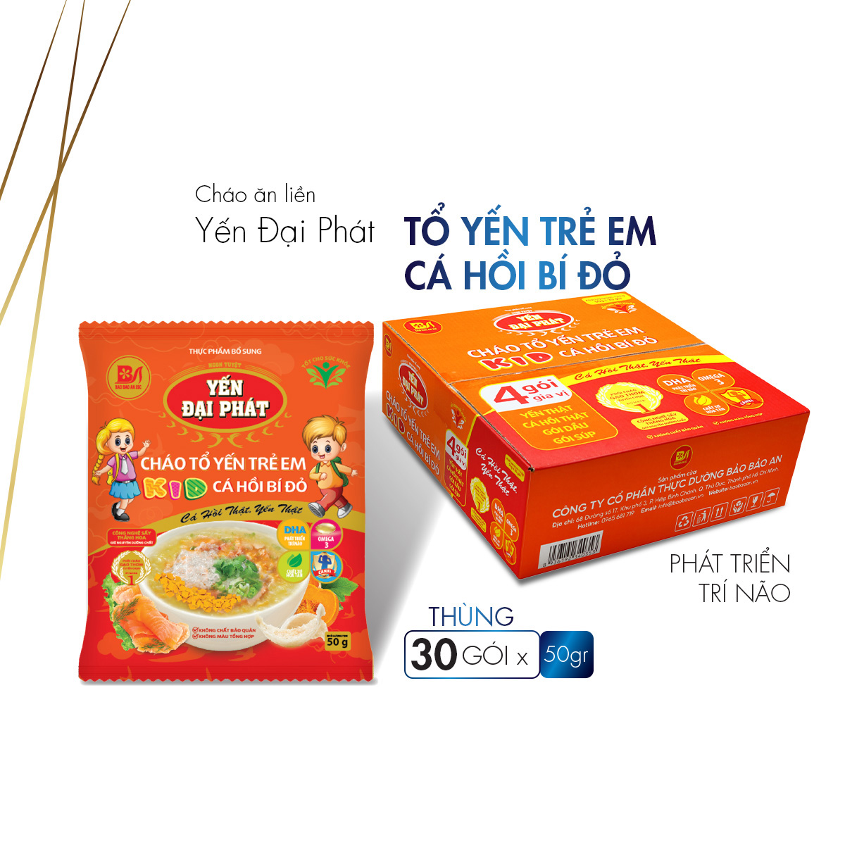 [Thùng 30 gói x 50gram] Cháo Tổ Yến Trẻ Em Cá Hồi Bí Đỏ - Yến Đại Phát, tiện lợi thơm ngon dinh dưỡng cao