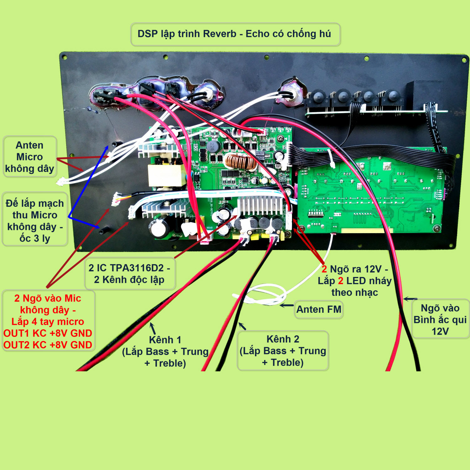 Mạch loa kéo Reverb 2 kênh độc lập 2 IC TPA3116D2 150W + 150W cho loa kéo 4 tấc đôi hoặc 3 tấc đôi