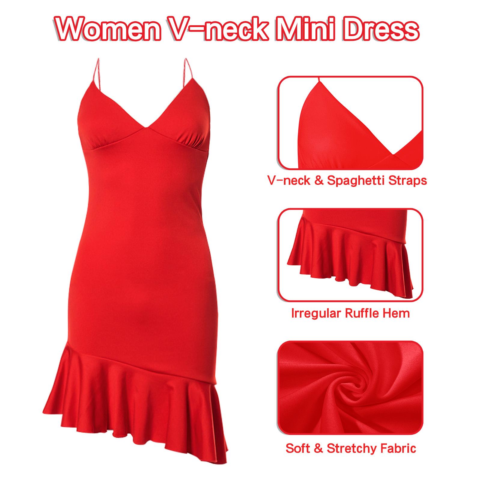 Women Spaghetti Strap Mini Dress V-neck Backless Sleeveless Ruffles Skater Dress Club Party Sundress