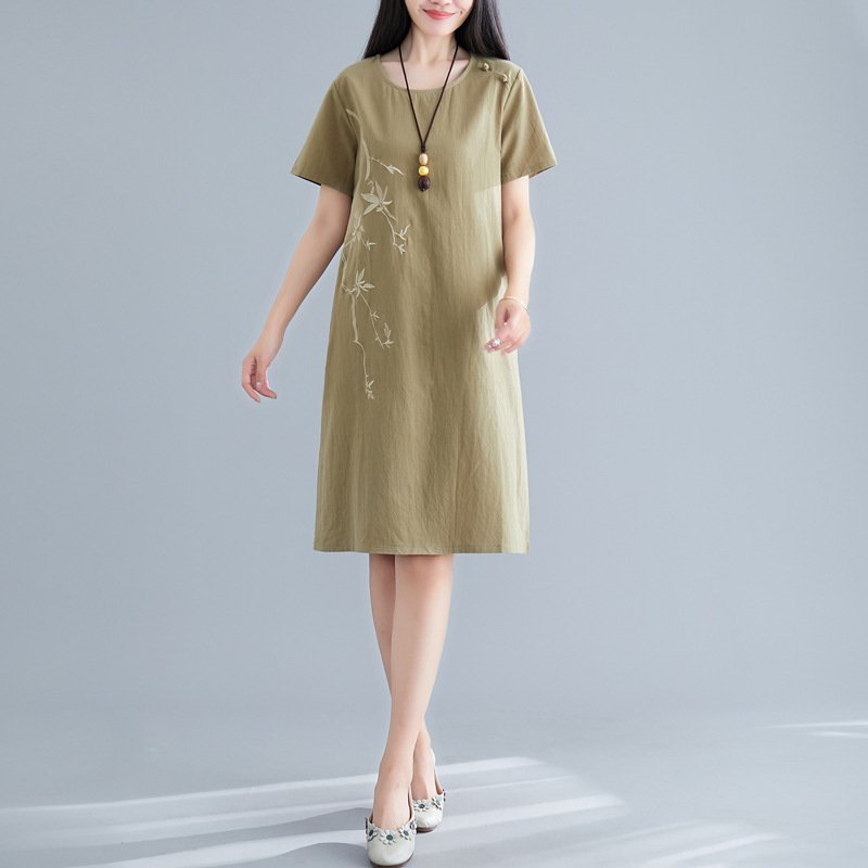 Đầm Linen suông nữ cổ tròn ngắn tay, Váy trung niên nữ dáng dài hoạ tiết hoa xinh trẻ trung cho nữ Đũi Việt