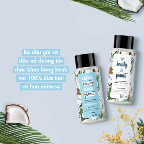 Combo Dầu gội và Dầu xả LOVE BEAUTY &amp; PLANET Phục hồi hư tổn với 100% dầu dừa organic và hương hoa ngọc lan tây 400ml